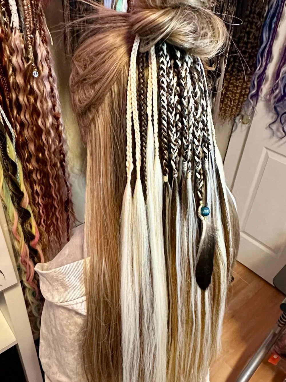 Brown and Platinum Blonde Braided Hair Wraps with Bead Accent